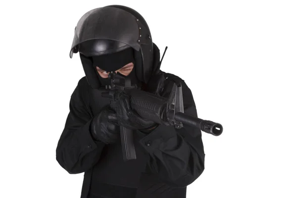 Elitetroepen Politieagent Met Machinepistool Zwart Uniform Geïsoleerd Wit — Stockfoto