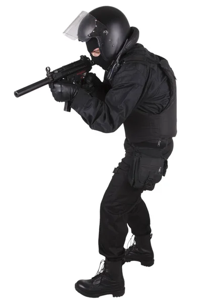 Policial Forças Especiais Oficial Com Submetralhadora Uniforme Preto Isolado Branco — Fotografia de Stock