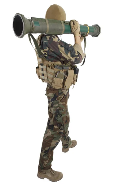 Operador Empresa Militar Privada Com Lançador Foguetes At4 Isolado Branco — Fotografia de Stock