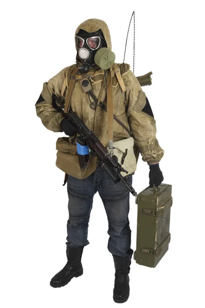 Stalker Maschera Antigas Con Arma Isolata Bianco — Foto Stock