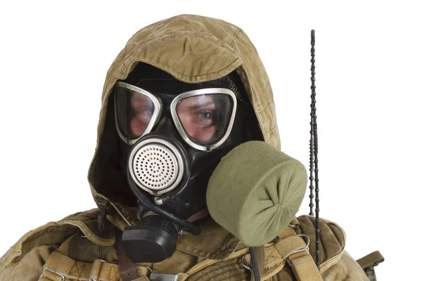 Gaz Maskesi Üzerine Beyaz Izole Stalker — Stok fotoğraf