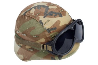 us army kevlar helmet with goggles isolated on white clipart