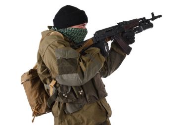 fighter with kalashnikov  ak-47 rifle with under-barrel grenade launcher isolated on white background clipart