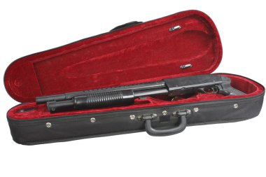 Sawn-off shotgun with cartridges in violin case clipart