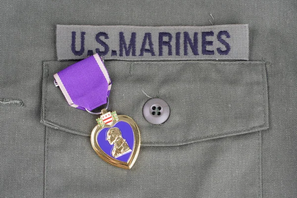 KIEV, UKRAINE - August 1, 2016. Purple Heart award on US MARINES olive green uniform — Stock Photo, Image