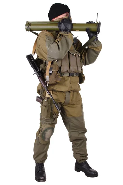 Mercenaire Avec Pistolet Bazooka Isolé Sur Blanc — Photo