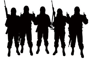 Silhouette of five soldiers posing with their weapons isolated on white background clipart