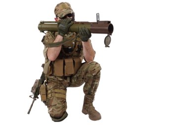 Private Military Company operator shoots from an RPG rocket launcher clipart