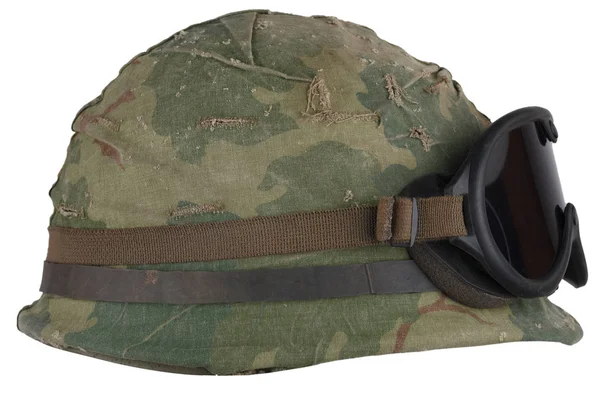 US Army helmet Vietnam war period with camouflage cover goggles — Stock Photo, Image