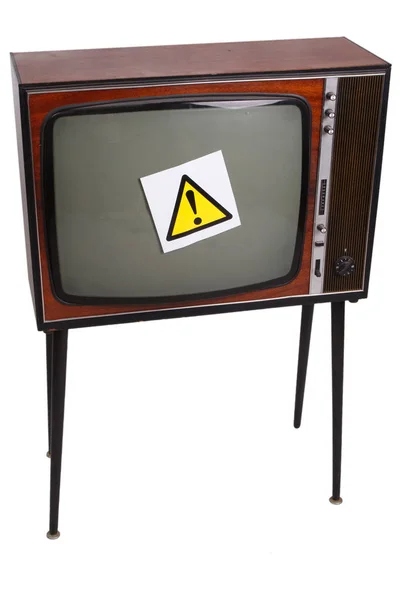 带有黄色注意标志的复古黑白电视机 — 图库照片