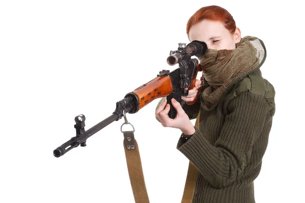 Mulher Sniper Com Svd Sniper Rifle Isolado Fundo Branco — Fotografia de Stock