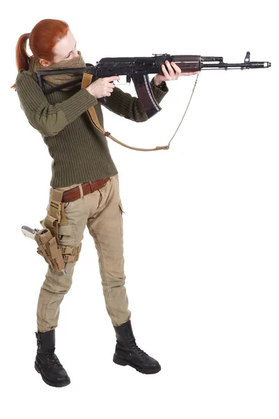 Mädchen Söldner Mit Gewehr Isoliert Auf Weißem Hintergrund — Stockfoto