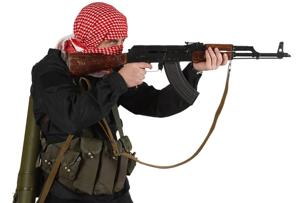 Guerrillas Uniforme Negro Con Keffiyeh Con Rifle Asalto Aislado Blanco — Foto de Stock