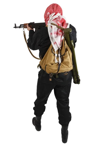 Gerillan Svart Uniform Med Keffiyeh Med Automatgevär Isolerad Vitt — Stockfoto