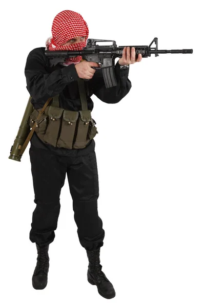 Guerrillas Uniforme Negro Con Keffiyeh Con Rifle Asalto Aislado Blanco —  Fotos de Stock