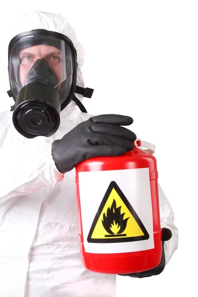 Sanitäter Gefahrstoffschutzanzug Mit Roter Box Für Gefahrstoffe Isoliert Auf Weiß — Stockfoto