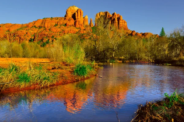 Sedona, собор рок розглянений з дуба крик Стокова Картинка