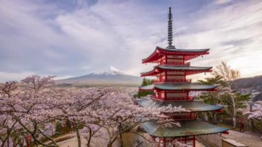 Fujiyoshida, Japonya Chureito Pagoda ve Mt. Baharda kiraz çiçekleriyle Fuji.
