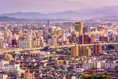 Kumamoto, Japonya şehir cityscape Shirakawa Nehri üzerinde.