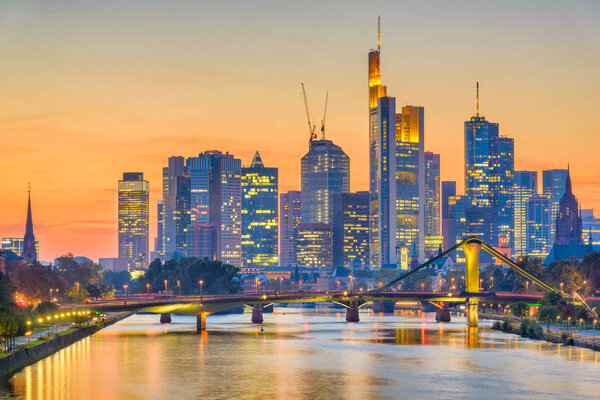 Frankfurt, Germany skyline over the Main River.