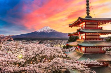 Fujiyoshida, Japonya Chureito Pagoda ve Mt. Fuji ilkbaharda