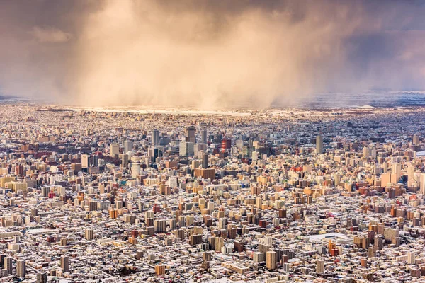 Sapporo, Japonia powietrzny krajobraz miasta zimą — Zdjęcie stockowe