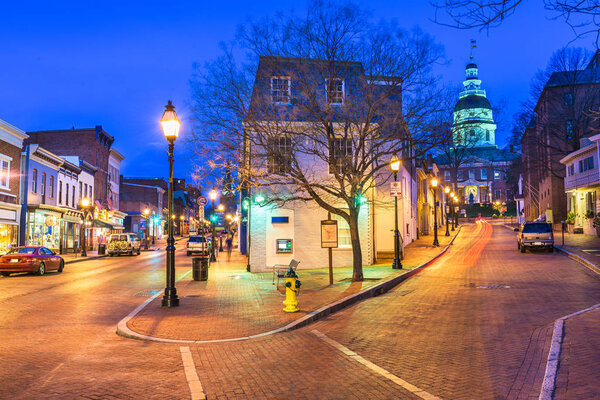 Annapolis, Maryland, USA downtown cityscape on Main Street at twilight.