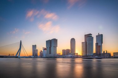 Rotterdam, Hollanda, alacakaranlıkta şehir silueti.