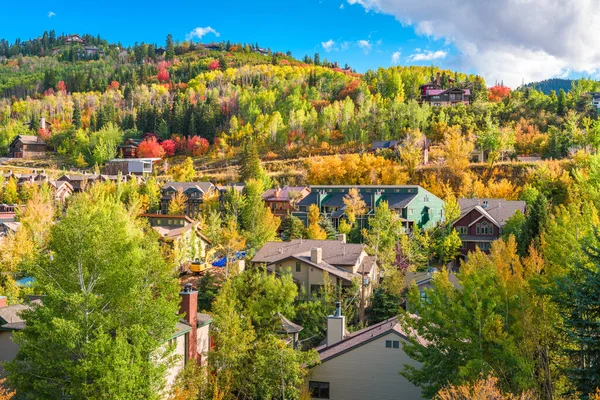 Park City, Utah, USA town cityscape in the autumn season.