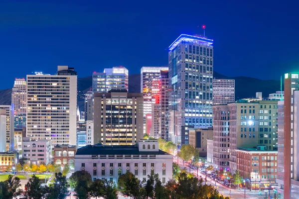 Salt Lake City Utah Usa Centrum Finansdistrikt Stadsbilden Vid Skymningen — Stockfoto