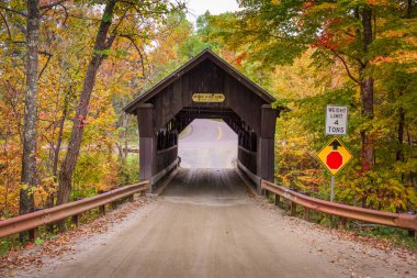 Stowe, Vermont, ABD Emily Köprüsü 'nde sonbahar renkleriyle.