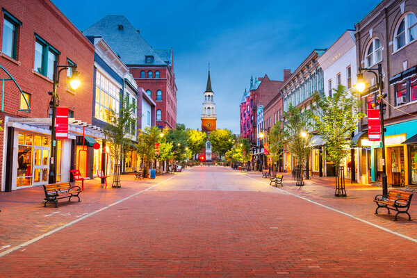 Burlington, Vermont, USA at Church Street Marketplace at twilight.