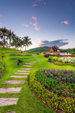 Chiang Mai, Tayland alacakaranlıkta Royal Flora Ratchaphruek Park 'ta..