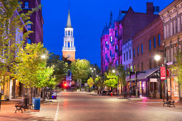 Burlington, Vermont, USA at Church Street Marketplace at twilight.