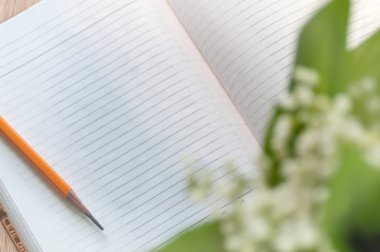 açık defter ile vadideki zambak üzerinde kalem