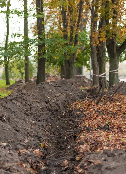 Construction of the trench ditch in the Park in autumn — Stock Photo, Image