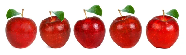 Набор красного яблока с зеленым листом, вид с разных углов , — стоковое фото