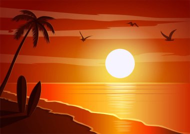 Vektör görüntüsü, arka plan Sahilde güzel gün batımı