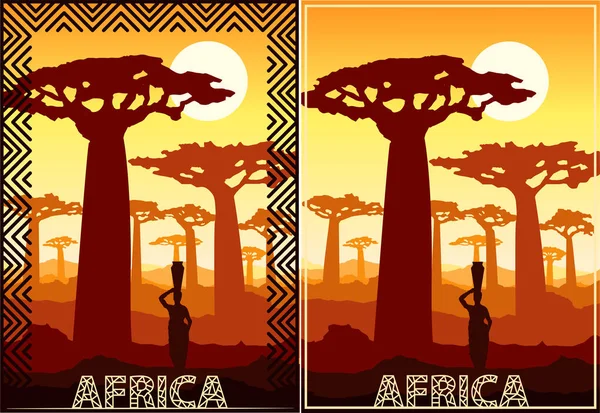 Vektor Illustration Afrikansk Mark Färg Baobab — Stock vektor