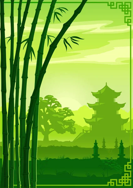 绿色矢量背景 中国庙宇和竹子 — 图库矢量图片