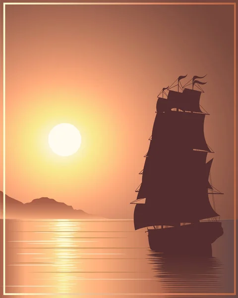 Vektör görüntü panorama arkaplanı, gemi gün batımı.