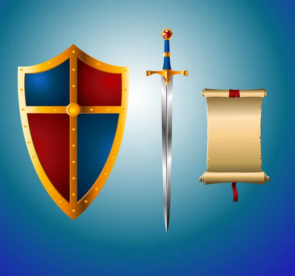 Color Vector Knightly Sword Shield Parchment — Stock Vector