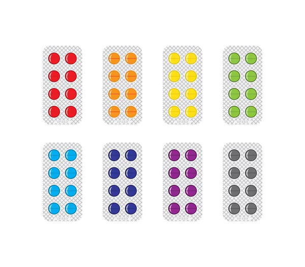Pilules médicales dans les icônes Blisters Set — Image vectorielle