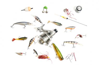 Big set fishing tackle, isolated on white. clipart