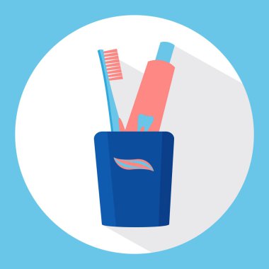 Diş fırçası ve diş macunu ile cam. Vektör çizim. Diş Bakımı