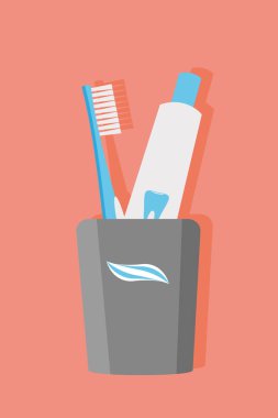 Diş fırçası ve diş macunu ile cam. Vektör çizim. Diş Bakımı