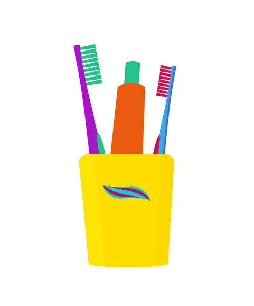 Стекло с зубными щетками и зубной пастой. Векторная иллюстрация. Стоматологическая помощь — стоковый вектор