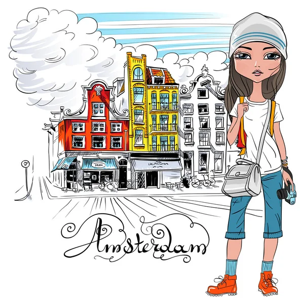 Vector beautiful fashion girl in Amsterdam Vector Graphics