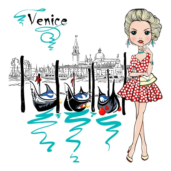 Linda chica de moda en Venecia, Italia . — Vector de stock