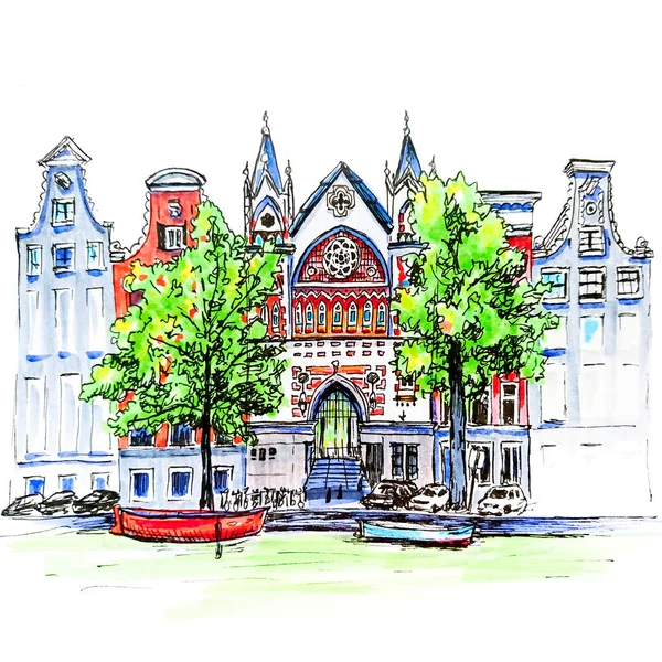 Vue sur la ville du canal d'Amsterdam, maisons et église — Photo